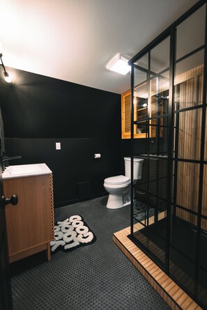 Hair dryer, towels, soap, toilet paper