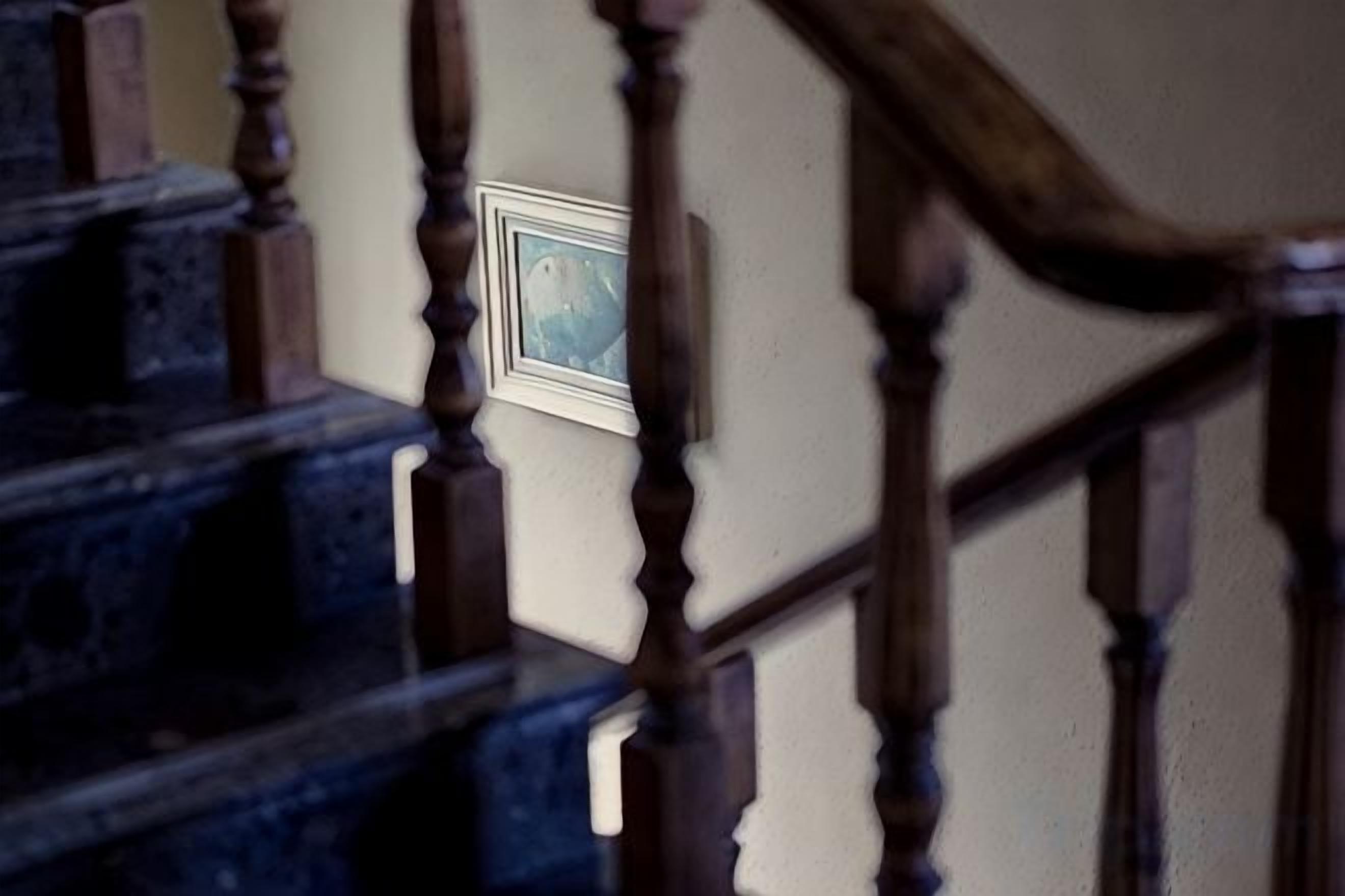 Μια σκάλα με ξύλινα στηρίγματα και μια κορνιζαρισμένη εικόνα στον τοίχο.