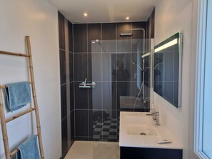Shower, hair dryer, soap, toilet paper