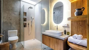 Shower, free toiletries, hair dryer, bathrobes
