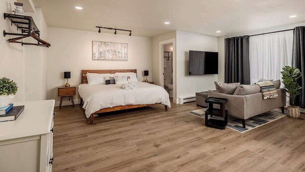 Een moderne slaapkamer met een houten bed, een bank, een televisie en een plant.