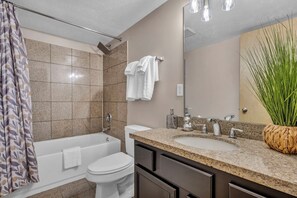 Hair dryer, towels, soap, toilet paper
