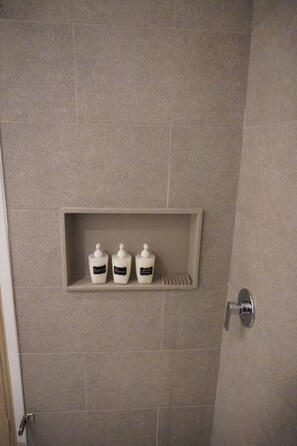 Hair dryer, towels, soap, toilet paper