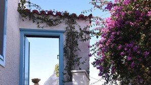 A white building with blue doors and steps leading to a balcony. - Historical Stone Manor-Upper Floor (Idra)