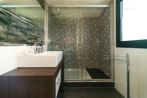 Shower, hair dryer, towels