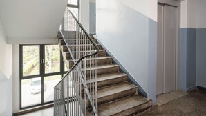 Gradi amb baranes metàl·liques que porten a una porta, una finestra gran amb vista a un cotxe i vegetació a l'exterior.