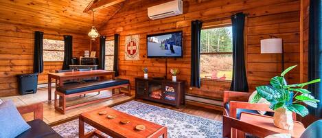 Smart TV, fireplace, video library