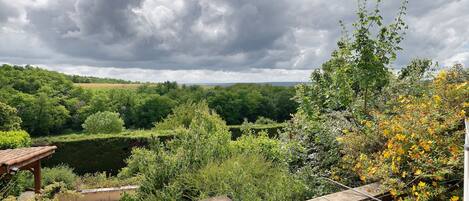 Un jardin agrémenté d’une balustrade en pierre, d’une végétation luxuriante et offrant une vue sur un champ lointain.
