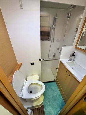 Regadera, toallas, papel de baño