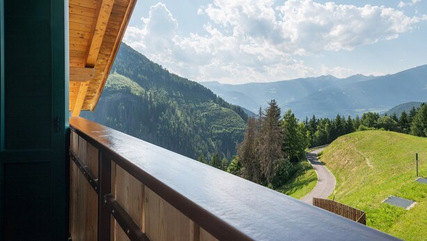 A balcony with a view of a mountainous landscape, a wooden ceiling, and a green door.