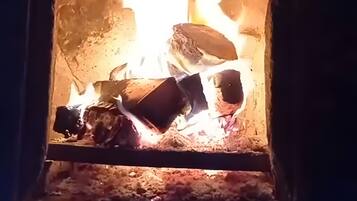 Ein Kamin mit brennenden Holzscheiten.