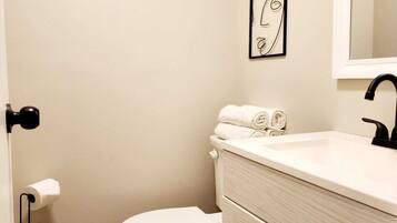 Hair dryer, towels, soap, toilet paper