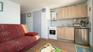 Ein kompakter Wohnraum mit einer Couch, einer kleinen Küchenzeile inklusive Herd und Kühlschrank, sowie einer Tür.