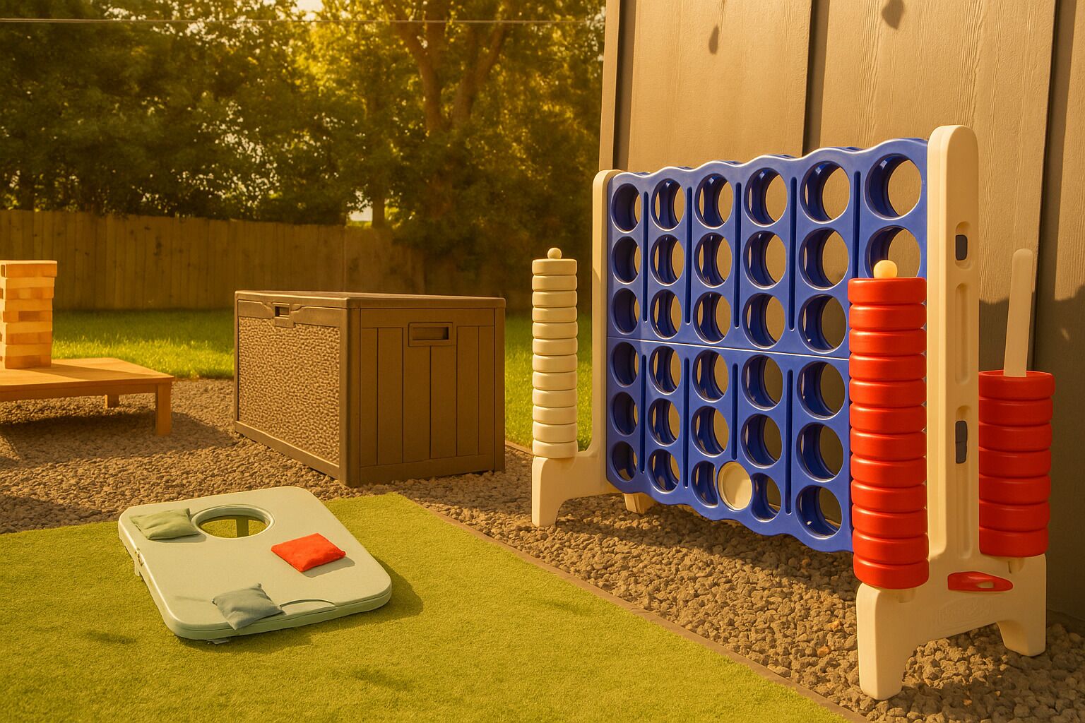 A children's play area with a balance board, a wooden playhouse, and a blue and red climbing structure.