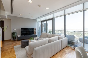 TV - Cozy DIFC Duplex w/ Burj View, Pool and Gym (Dubai)