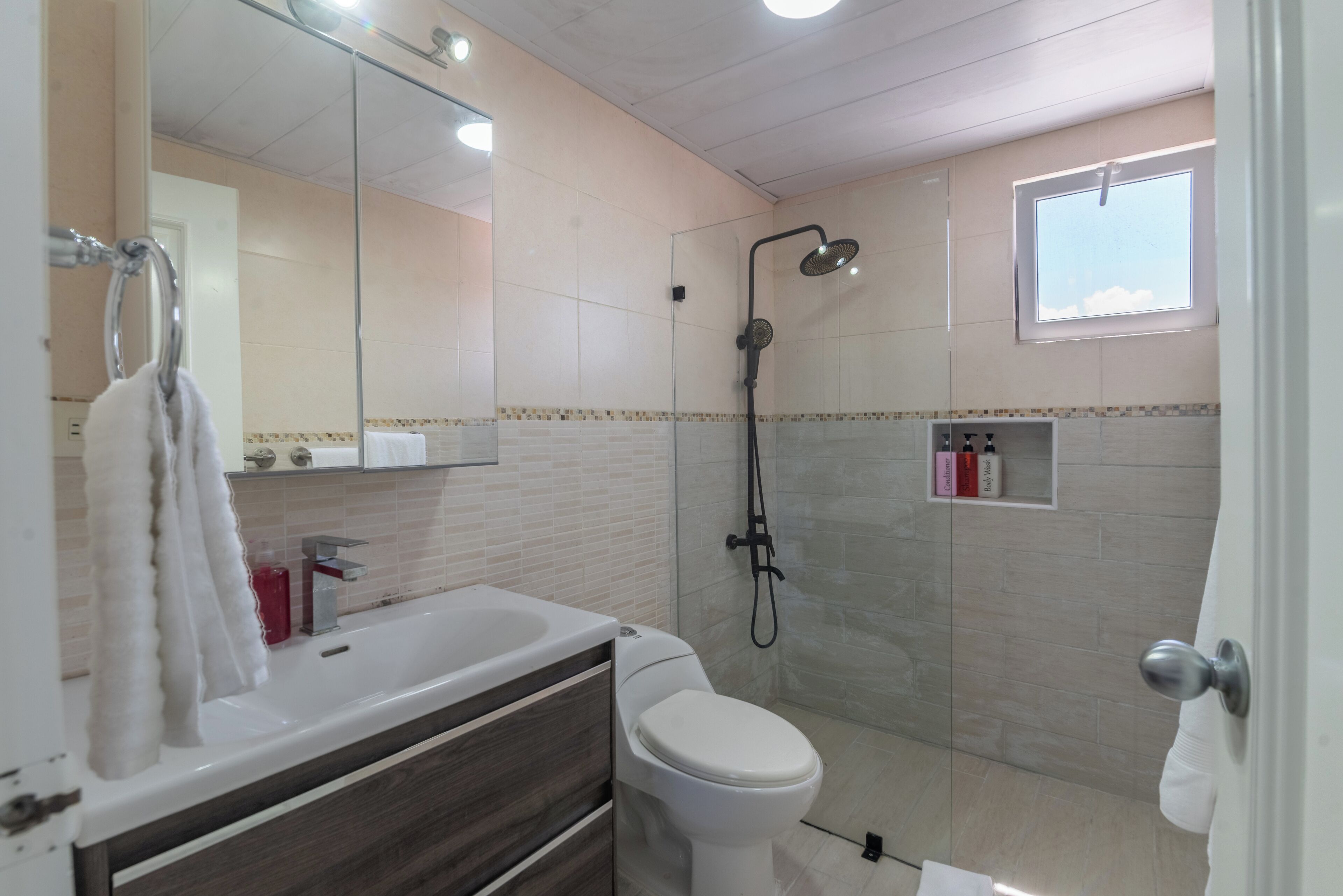 Une salle de bain moderne équipée d’une douche, de toilettes et d’un lavabo.
