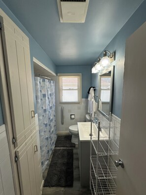 Shower, hair dryer, towels, soap