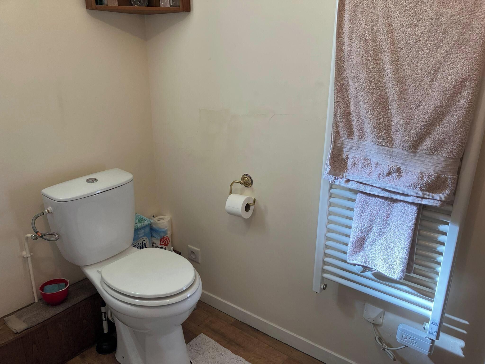 A bathroom with a toilet, a roll of toilet paper, a radiator, and a towel rack.