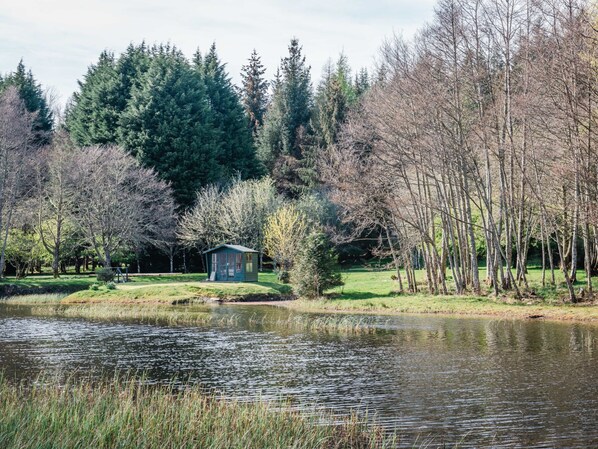 A small cabin by a pond surrounded by trees.