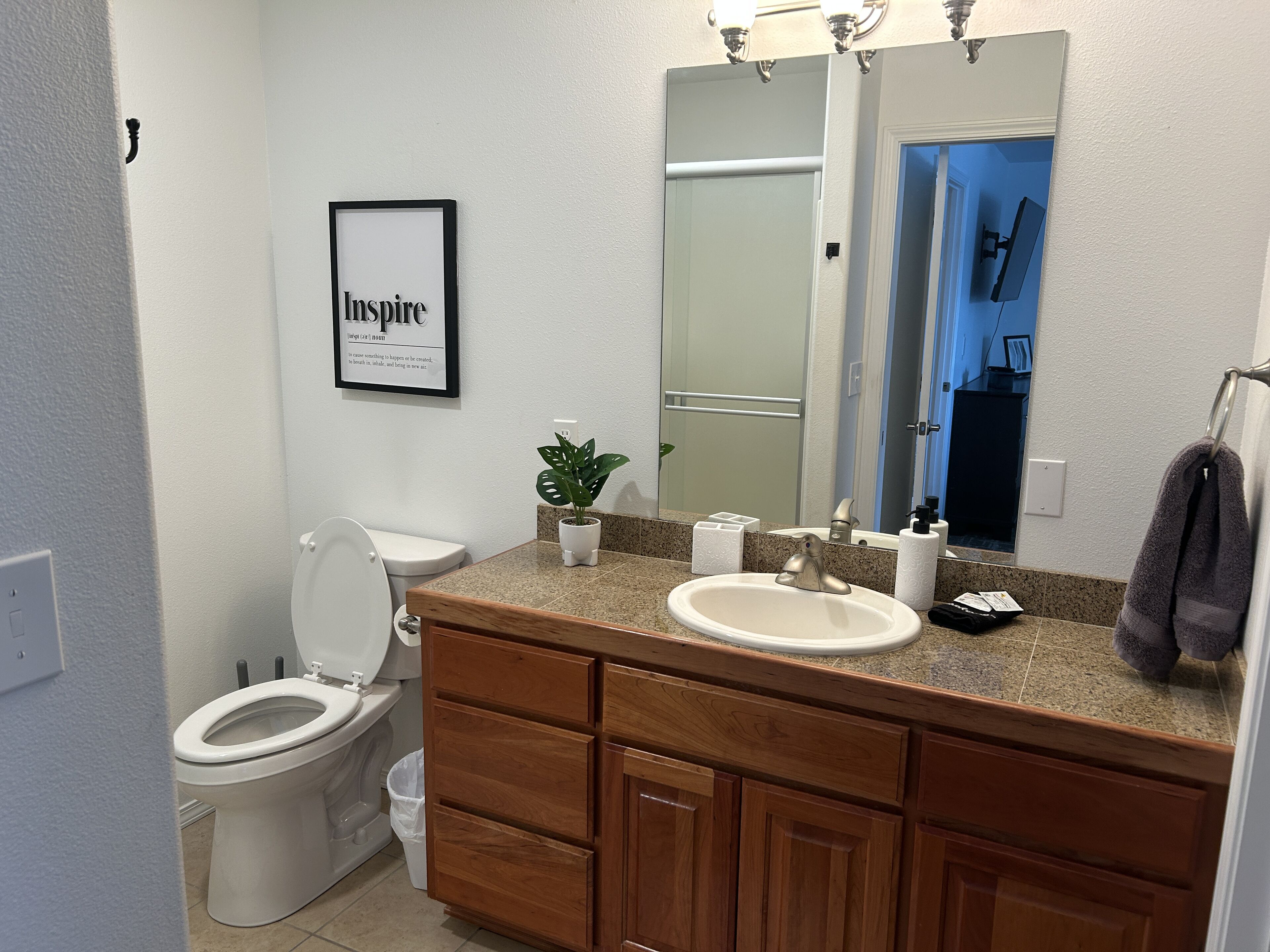 A bathroom with a toilet, sink, vanity, and a mirror.