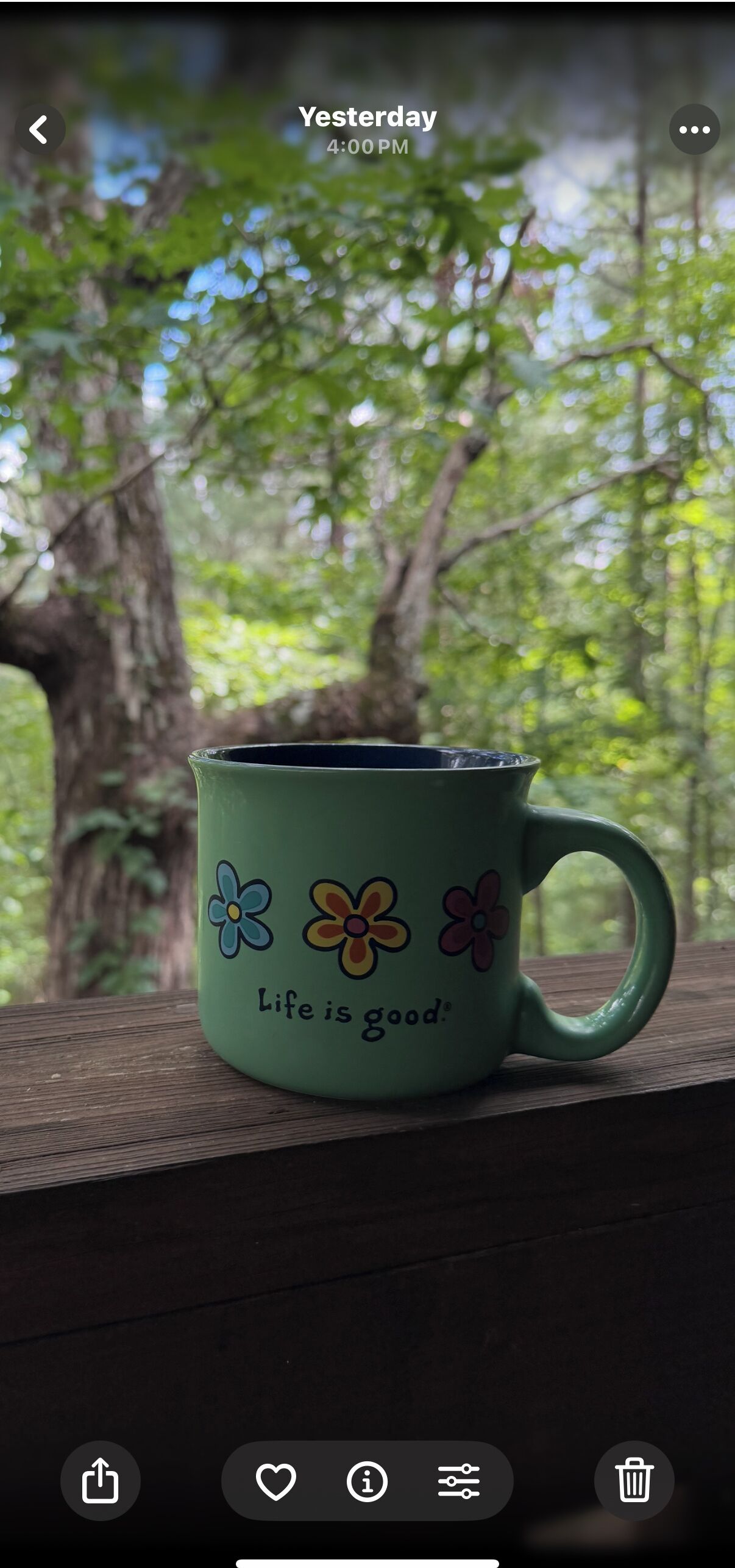 Una taza con flores coloridas y el texto “Life is good” sobre una superficie de madera con un fondo de bosque.