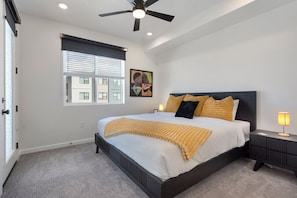 4 bedrooms, premium bedding, blackout drapes, iron/ironing board