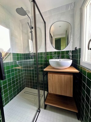 Bathroom features a glass-enclosed shower, ceiling-mounted showerhead, and a vanity with a sink and mirror.