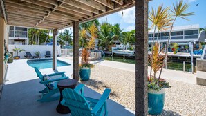 A covered outdoor area with a pool, seating, and potted plants.