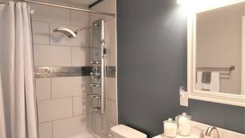 Hair dryer, towels, soap, shampoo