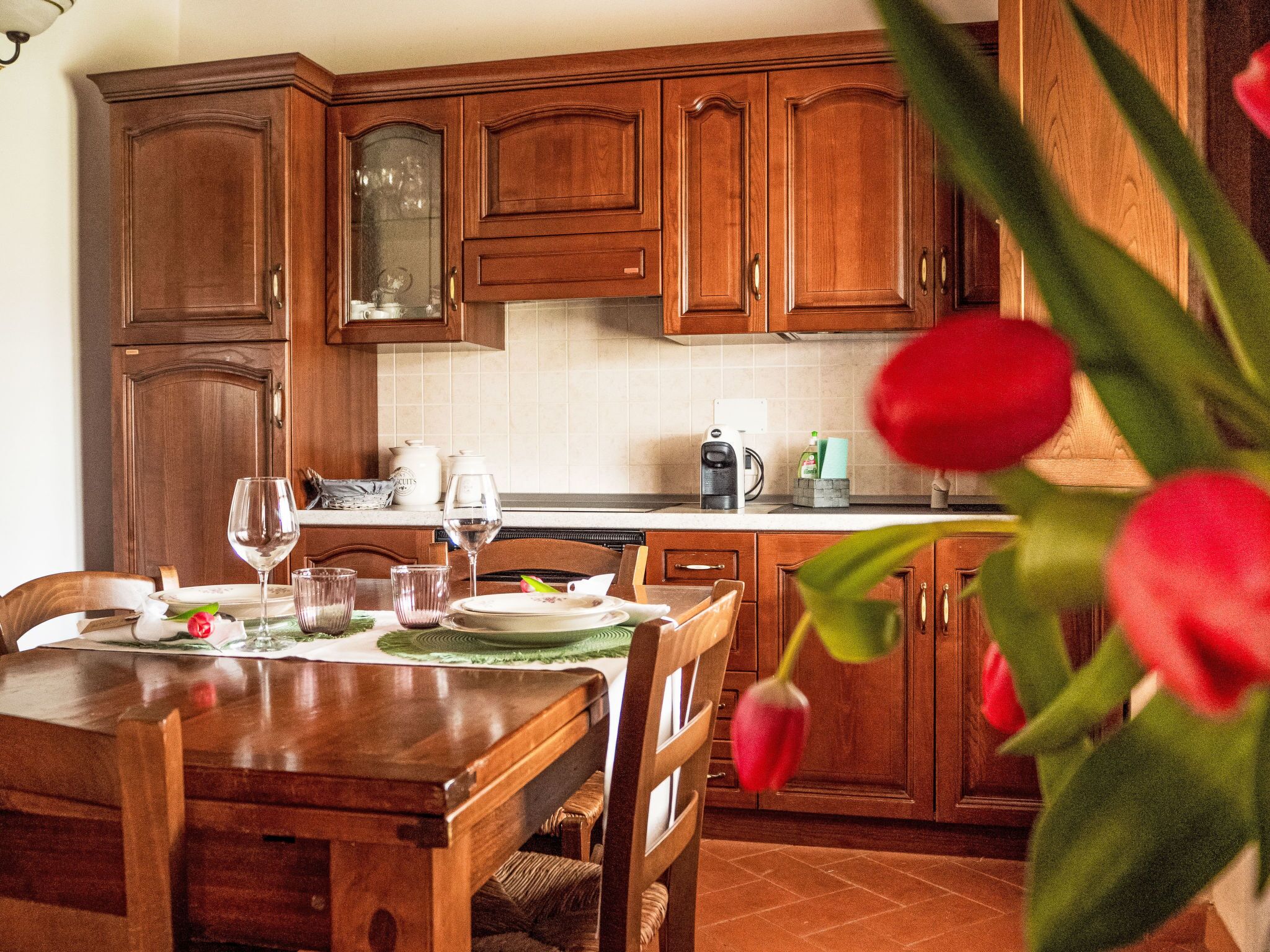 Fridge, cookware/dishes/utensils, dining tables