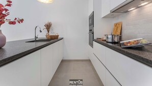 A modern kitchen with white cabinets, a granite countertop, a stainless steel sink, and a hanging pendant light. - Sea En Rose - family stay near beach and centre (Oostende)