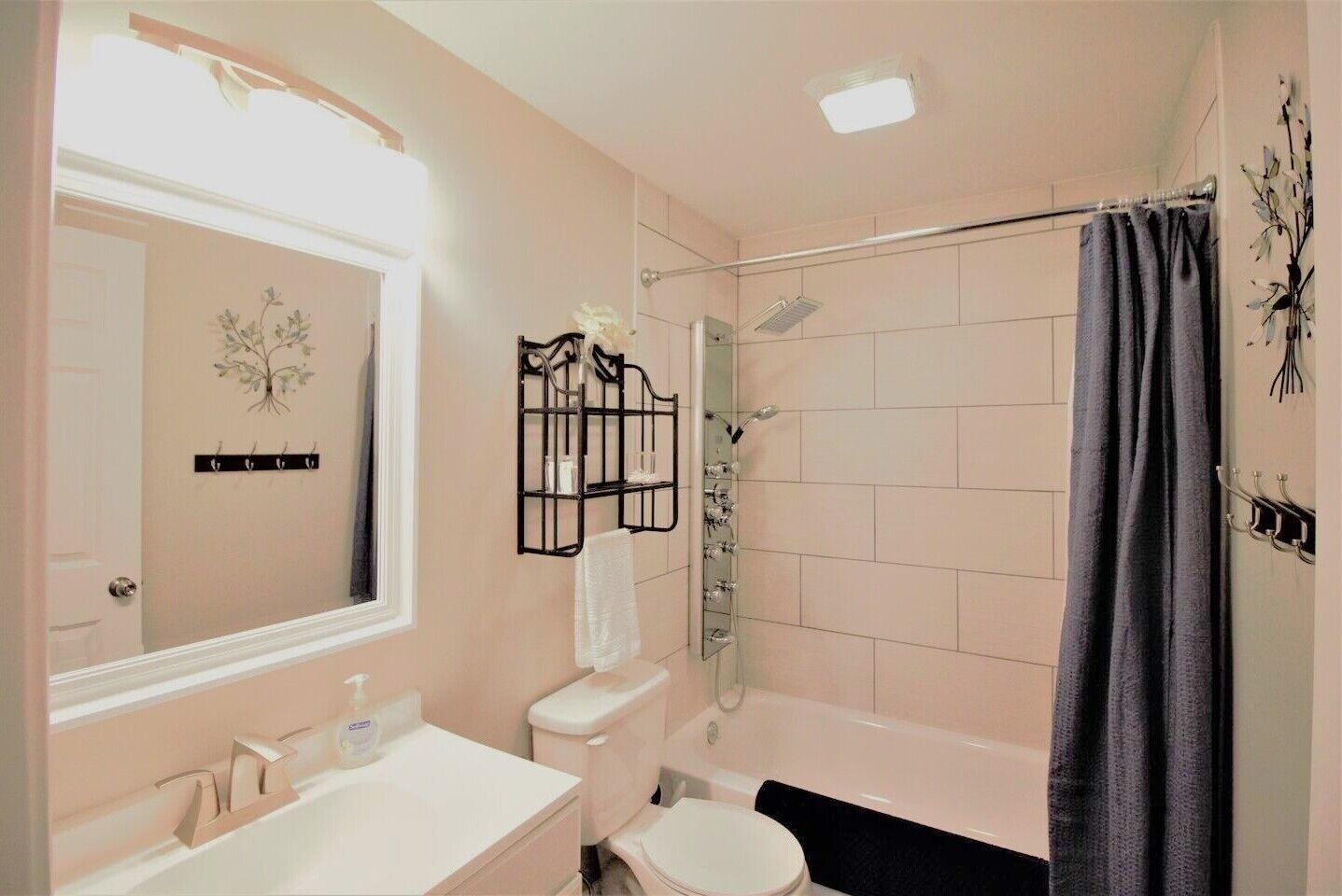 Secador de cabelo, toalhas de banho, sabonete, shampoo