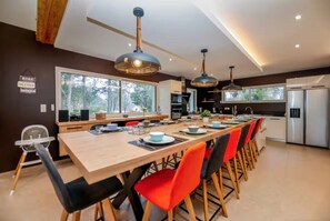 Dishwasher, coffee/tea maker, high chair, cookware/dishes/utensils