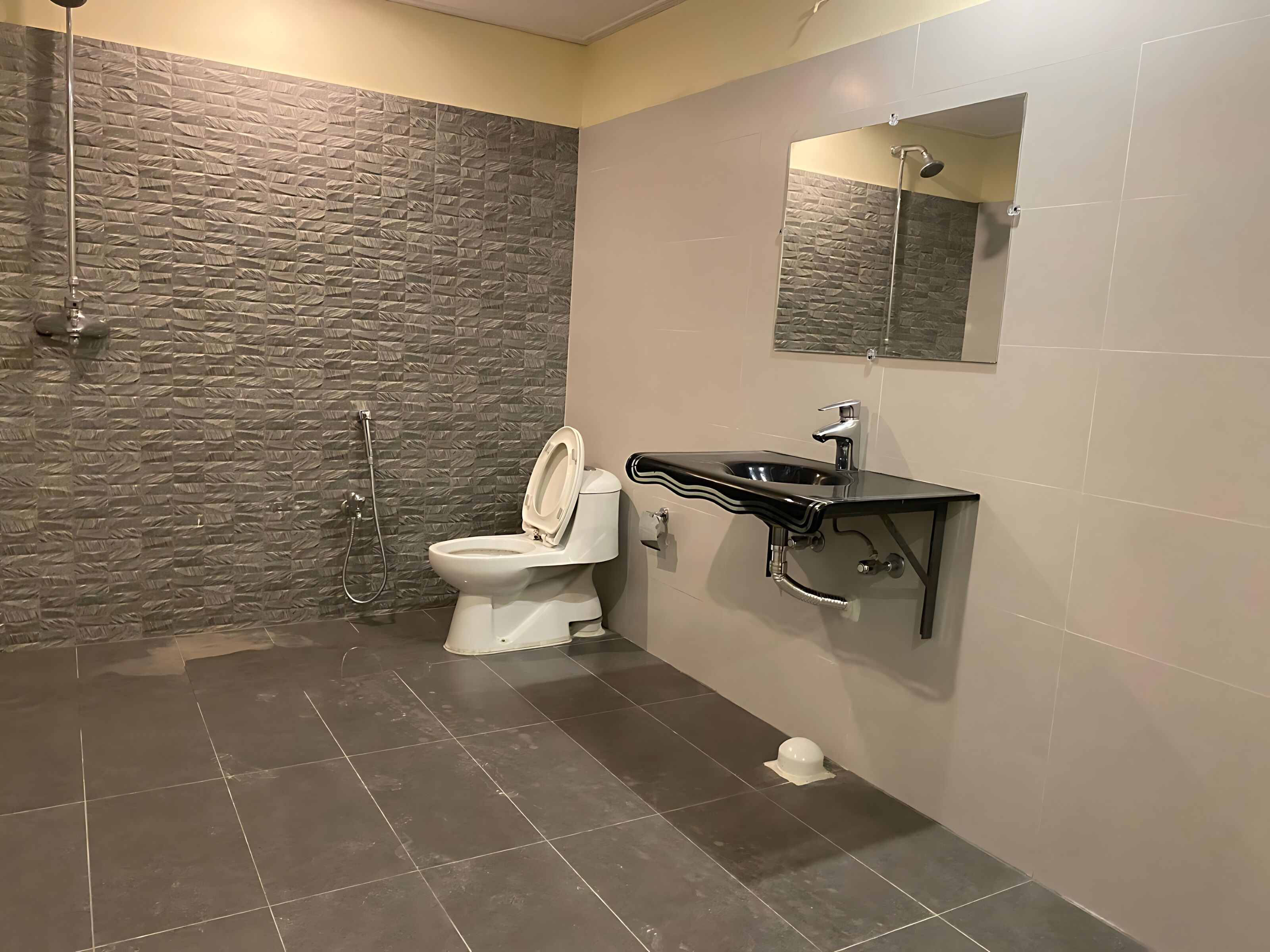 A modern bathroom with a stone-textured shower wall, a white toilet, and a black sink with a mirror above it.