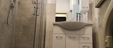 A bathroom with a glass-enclosed shower, a white sink with a curved basin, and a mirror above the sink.