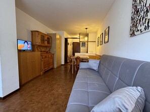 Un salon avec un canapé gris, des meubles en bois, une table à manger avec des chaises et un téléviseur posé sur un meuble.