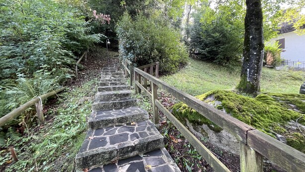 A stone staircase in a forested area with wooden railings.