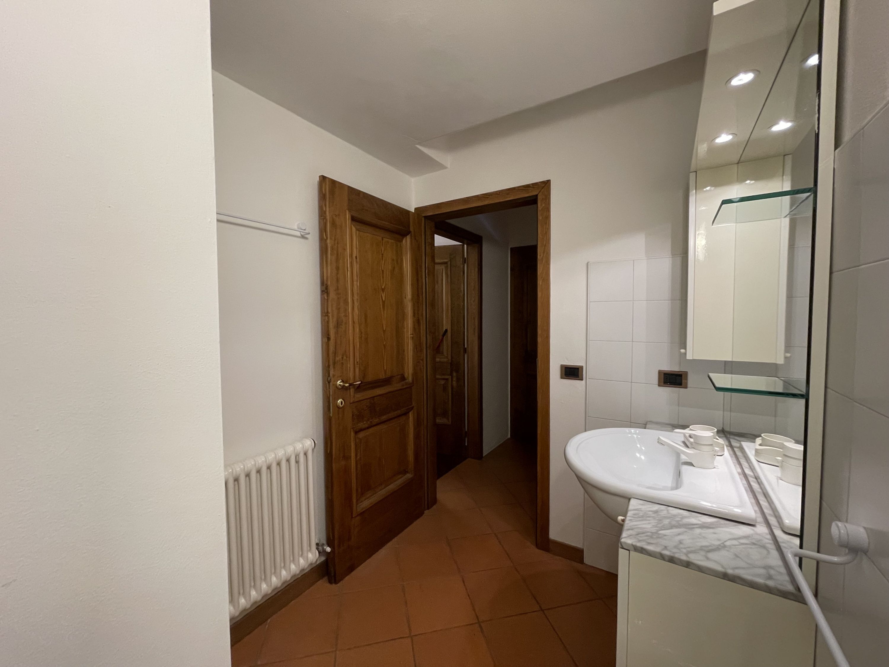 A narrow hallway leading to a bathroom with a white sink and a mirror.