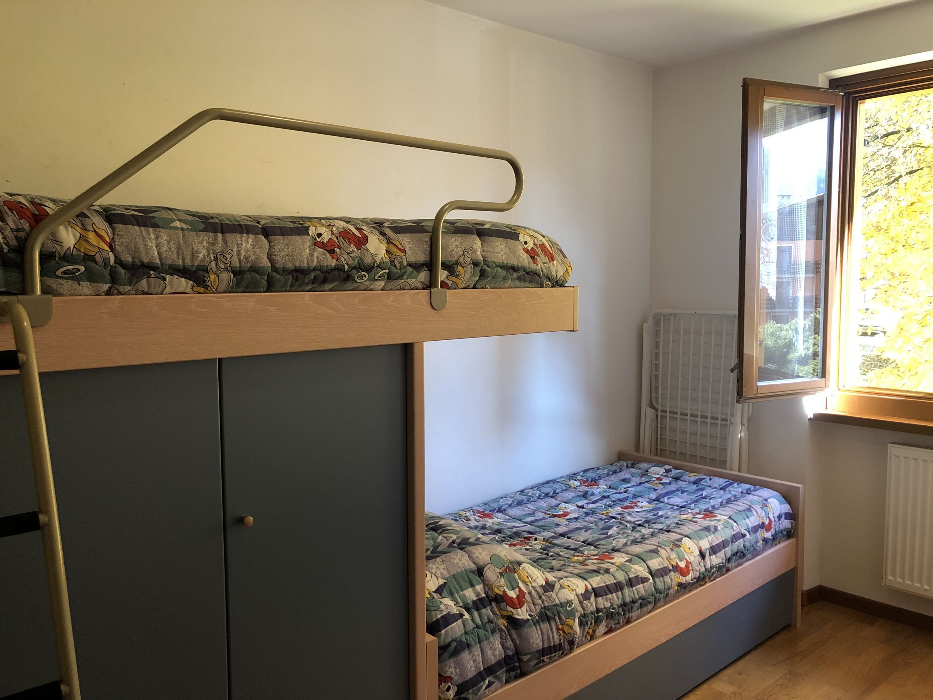 Una cama litera con una cama inferior y una escalera, un radiador y una ventana con vistas a la vegetación.
