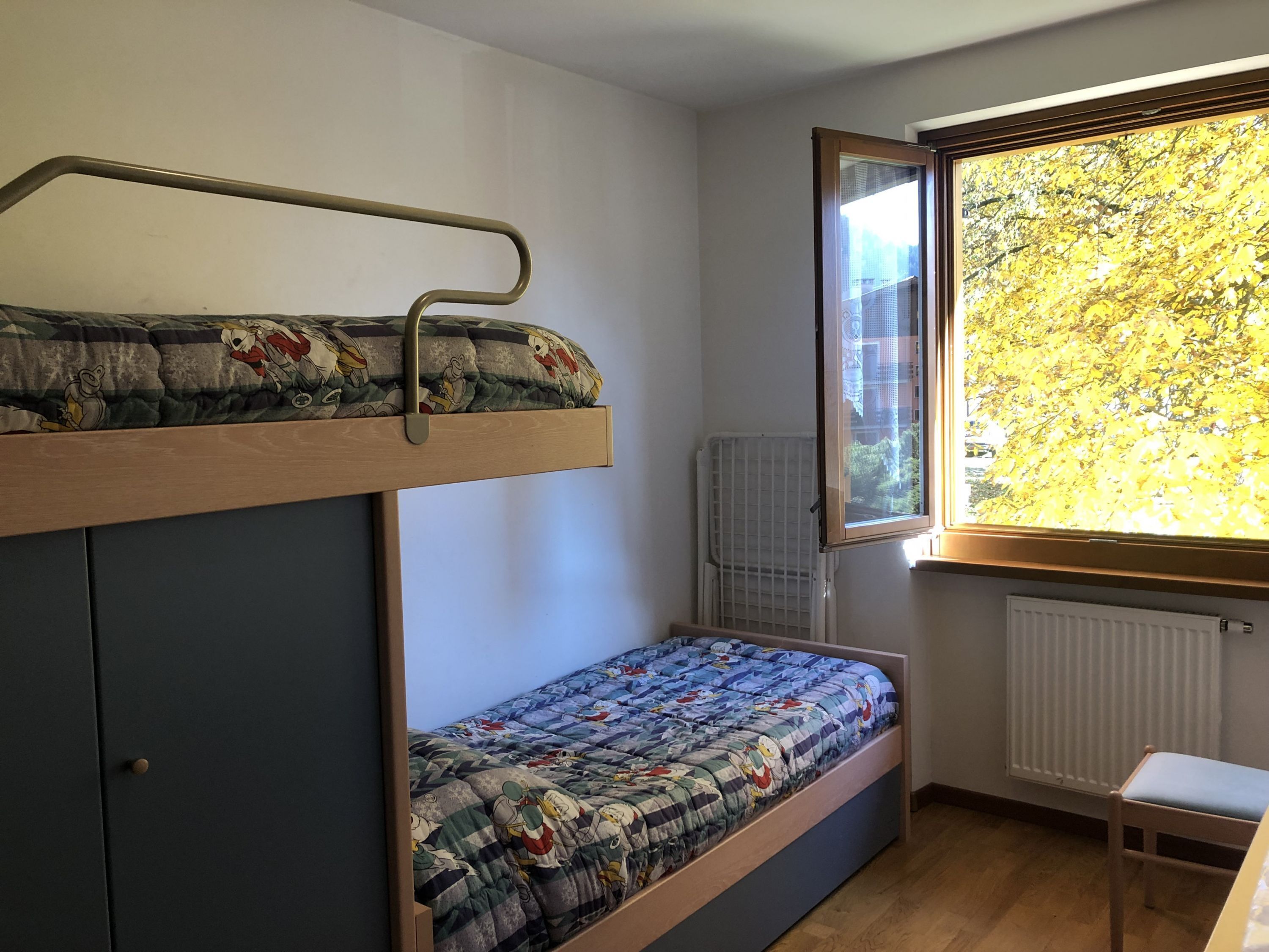 Un lit superposé avec un lit inférieur et une fenêtre donnant sur les arbres.