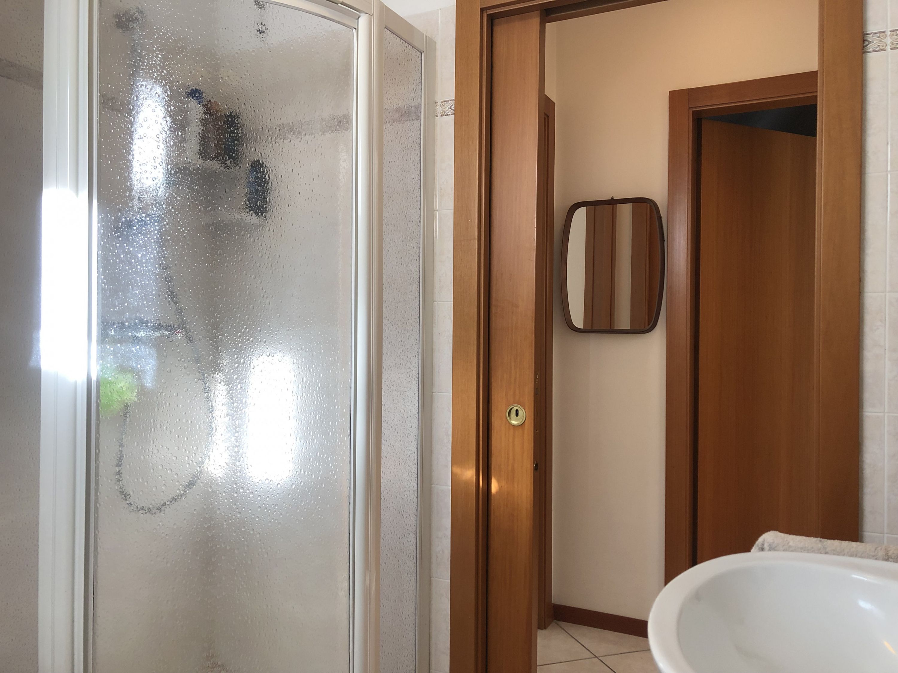 Une salle de bain avec une porte de douche en verre, une porte en bois et un lavabo blanc.