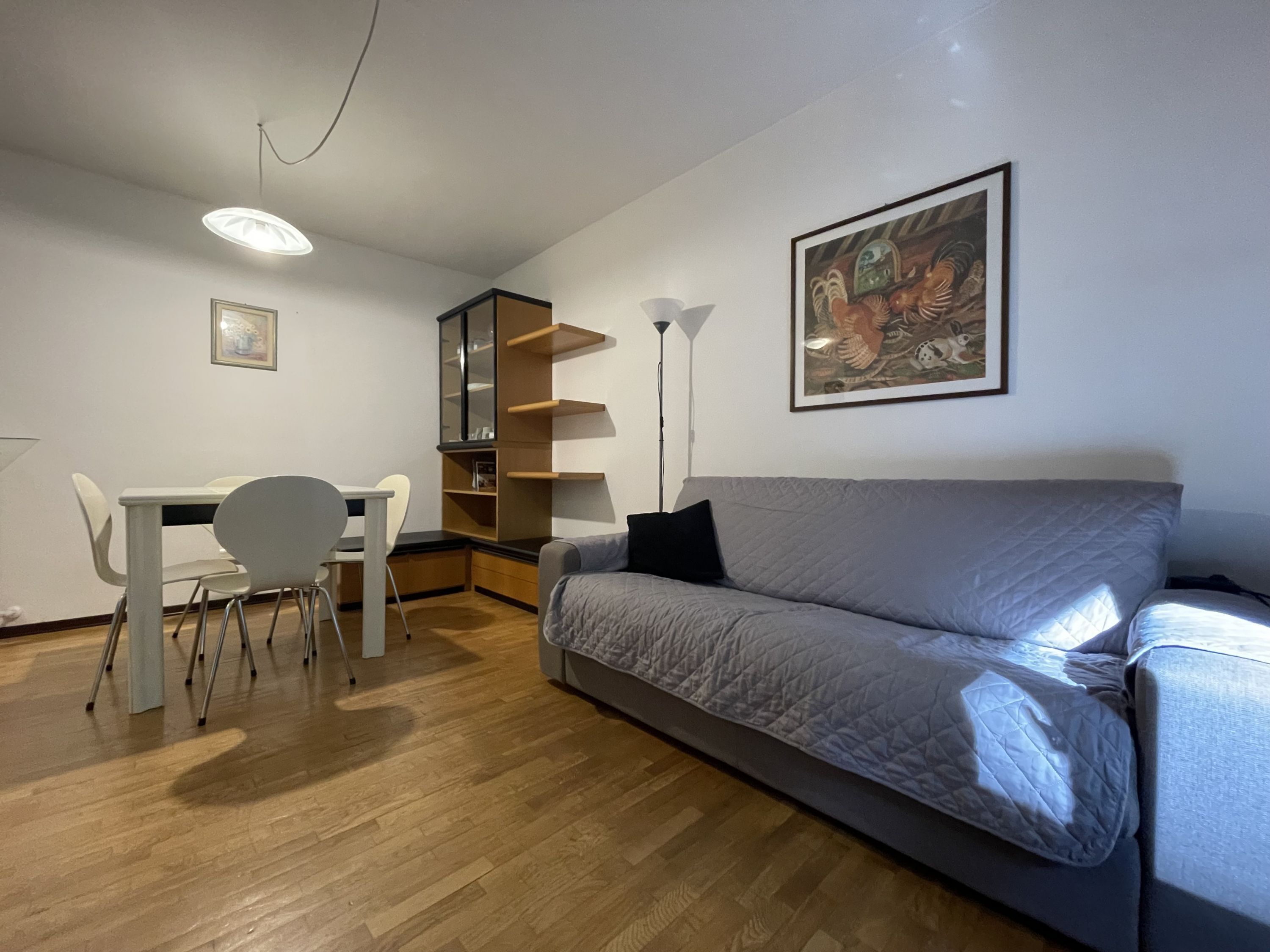 A modern living room with a grey sofa, a dining table with chairs, a bookshelf, and a painting on the wall.
