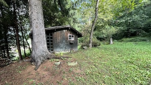 Een rustieke chalet omringd door dicht bos.