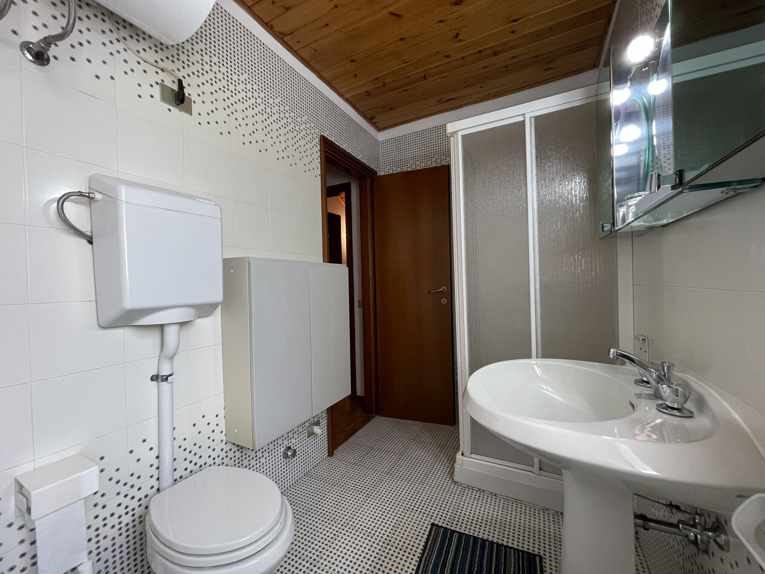 Une salle de bain avec des toilettes, un lavabo, une douche et un plafond en bois.