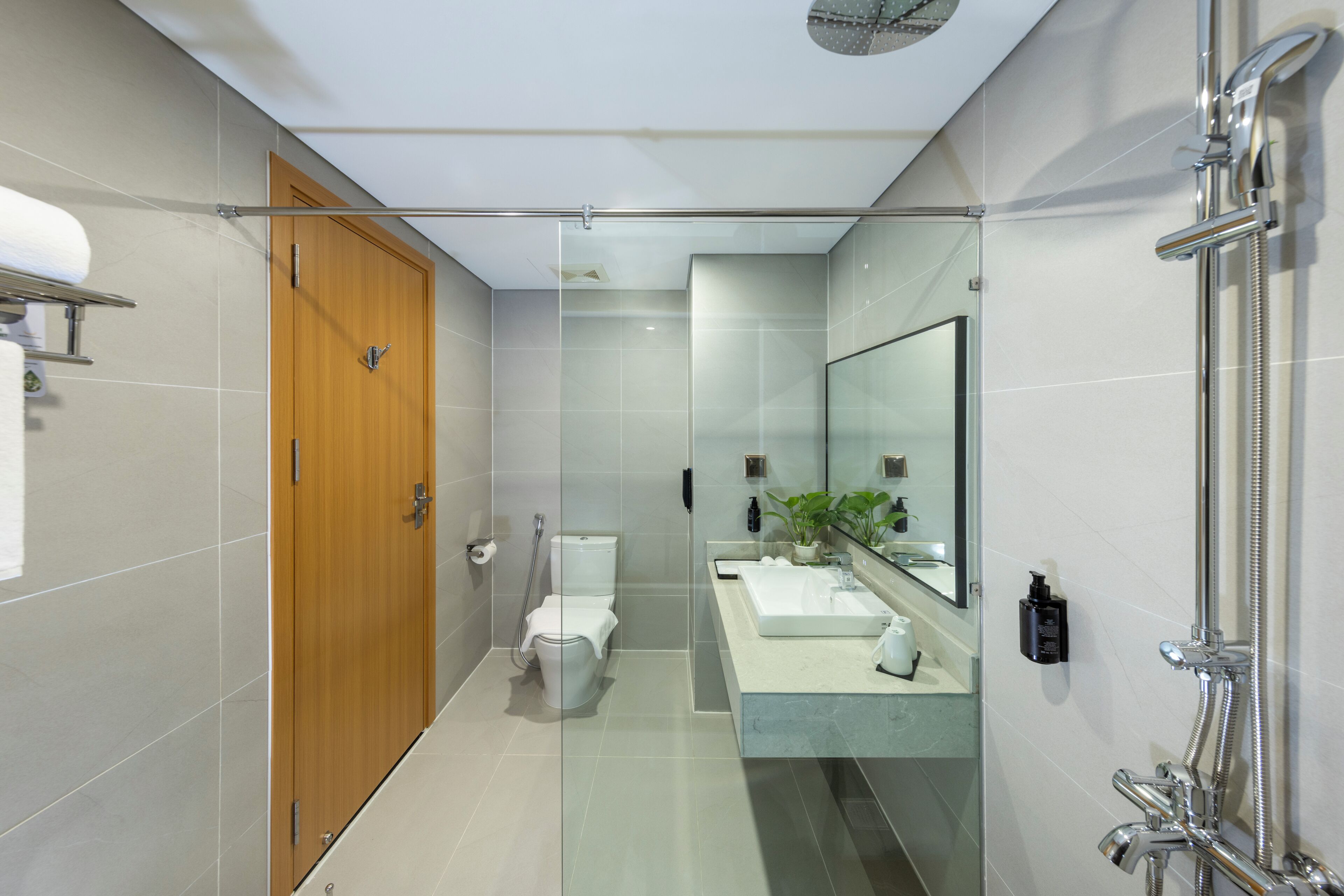 A modern bathroom with a glass shower enclosure, a wooden door, a white toilet, and a sink with a mirror.
