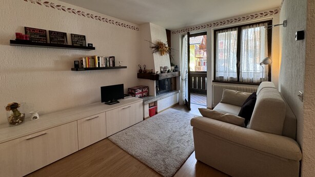 Ein Wohnzimmer mit Sofa, Fernseher, Bücherregal und Blick auf einen Balkon.