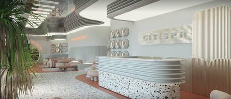A modern reception area with a curved counter, seating, and a wall-mounted sign.