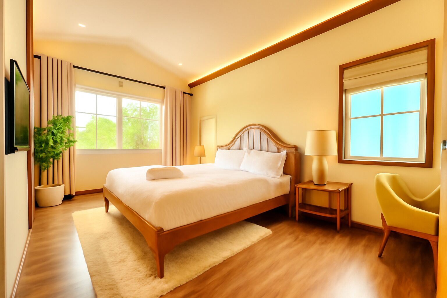 A modern hotel room with a large bed, bedside tables, a chair, and a TV.