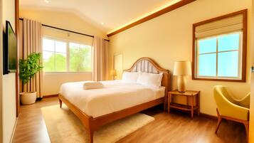 A modern hotel room with a large bed, bedside tables, a chair, and a TV.