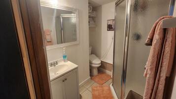 Hair dryer, towels, soap, shampoo